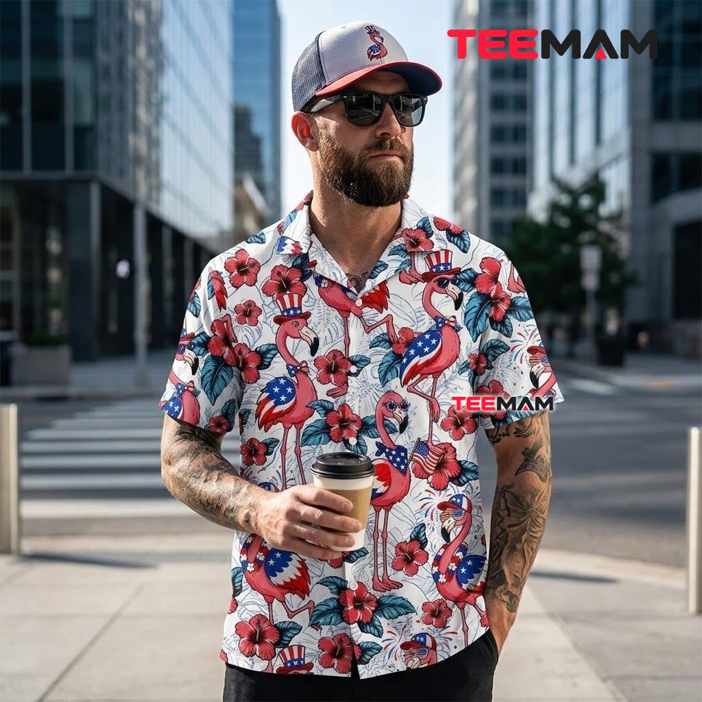 Flamingo Hawaiian Shirt Patriotic USA Flag Independence Day Back Flamingo Hawaiian Shirt Patriotic USA Flag Independence Day Back