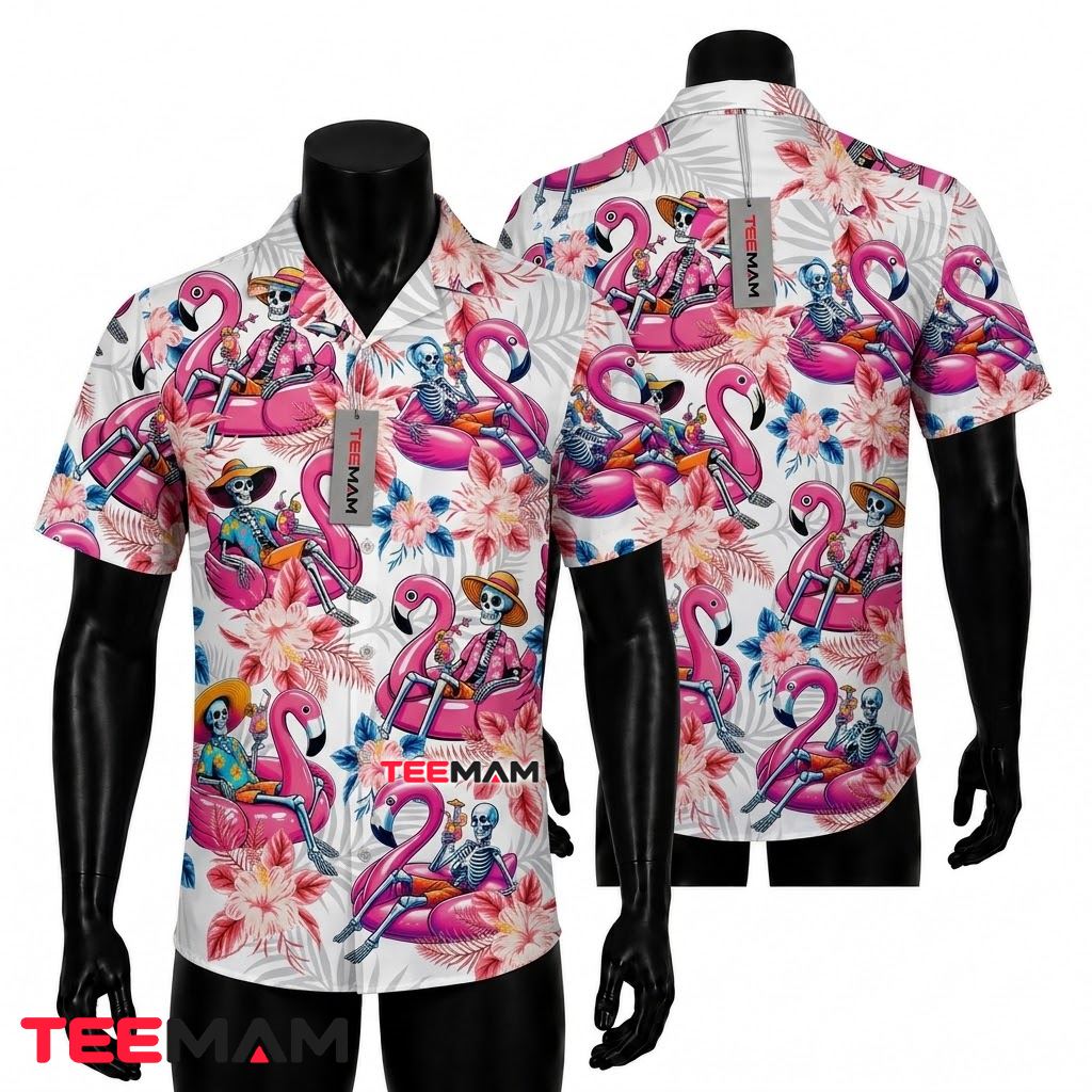 Flamingo Hawaiian Shirt Skeleton Cocktail Beach Vacation Front