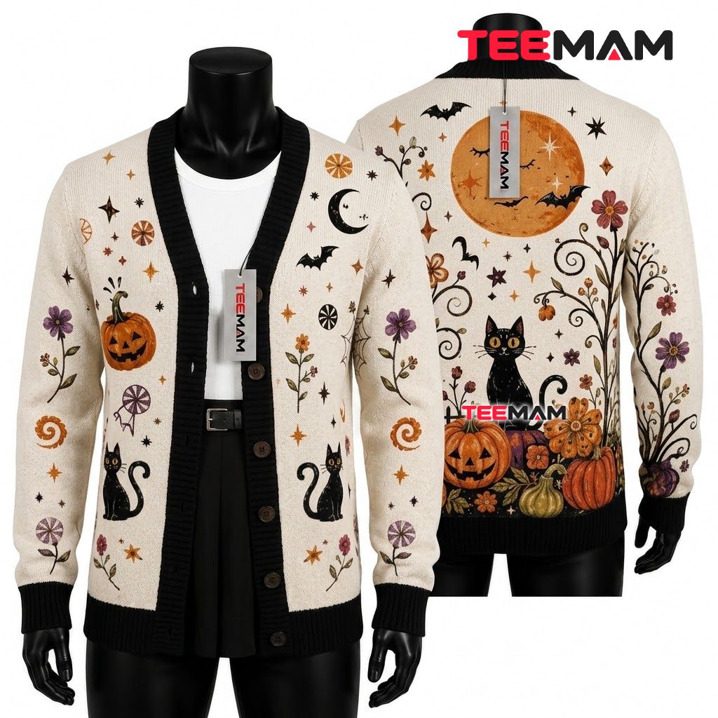 Floral Halloween Cardigan Black Cat Moon 1