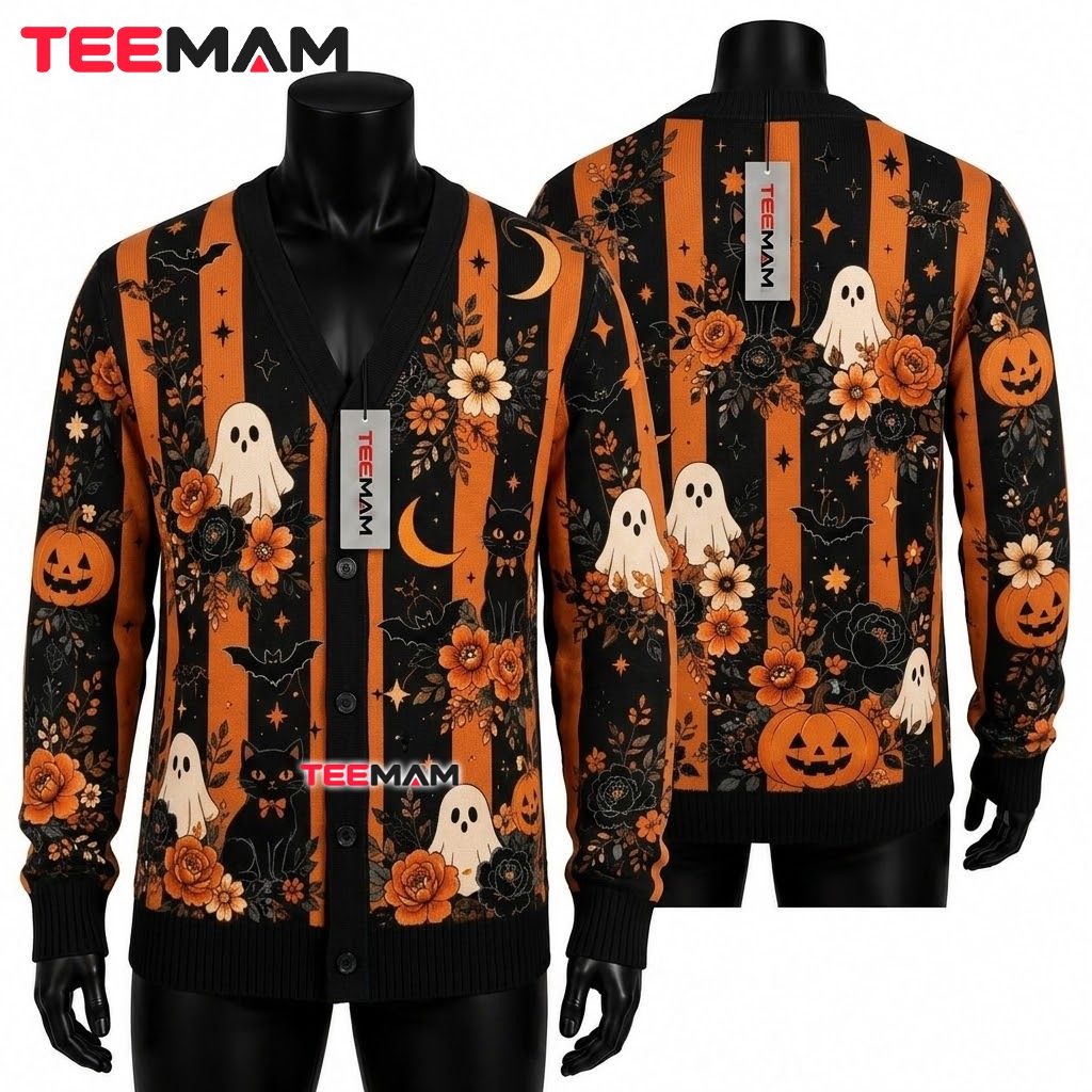 Floral Halloween Cardigan Striped Black Cat Ghost Pumpkin 1