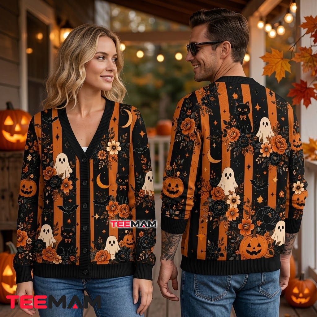 Floral Halloween Cardigan Striped Black Cat Ghost Pumpkin 2 Floral Halloween Cardigan Striped Black Cat Ghost Pumpkin 2