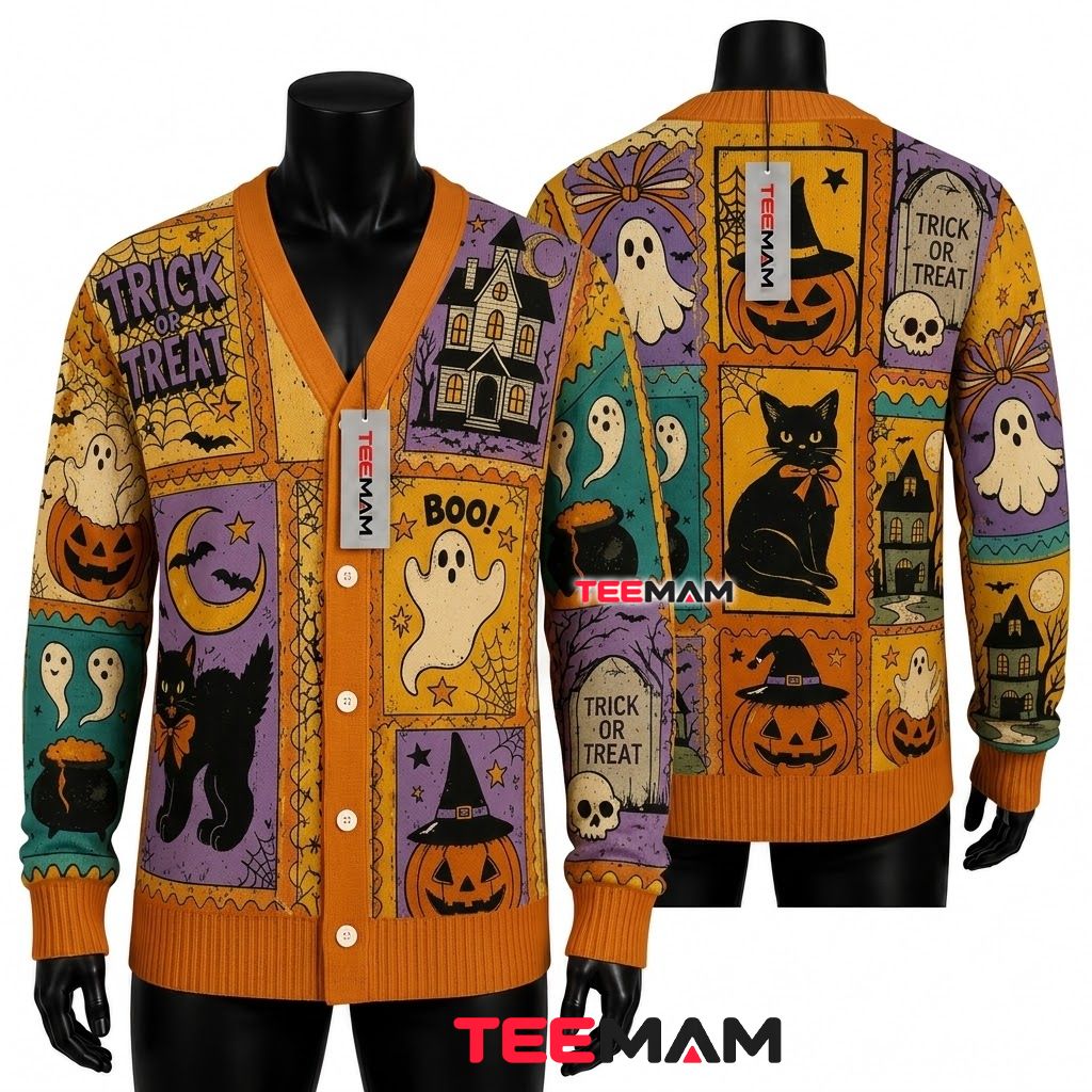 Folk Halloween Cardigan Trick Treat Cat 1