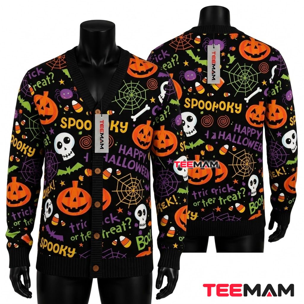 Funky Halloween Cardigan Pumpkin Skull Print 1