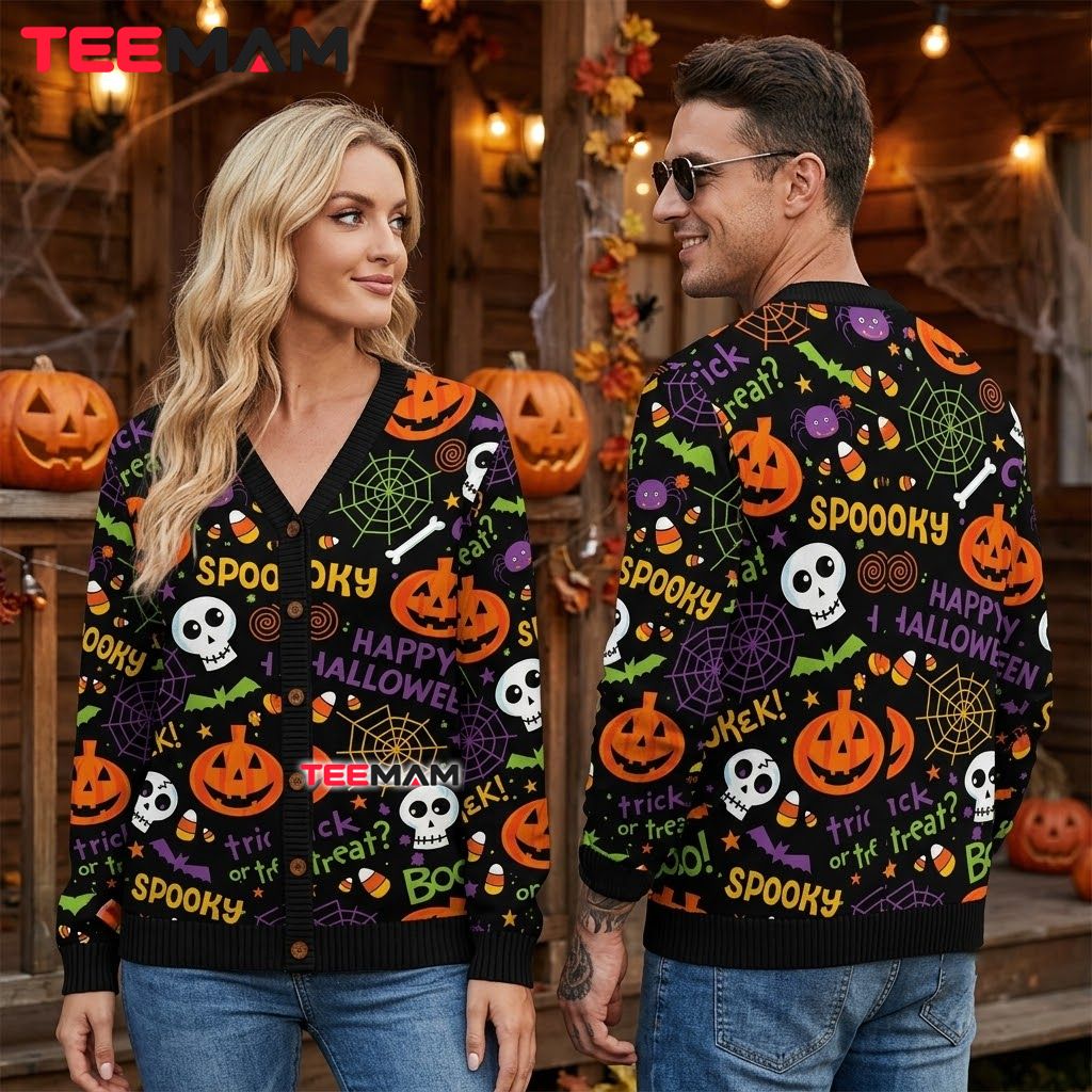 Funky Halloween Cardigan Pumpkin Skull Print 2 Funky Halloween Cardigan Pumpkin Skull Print 2