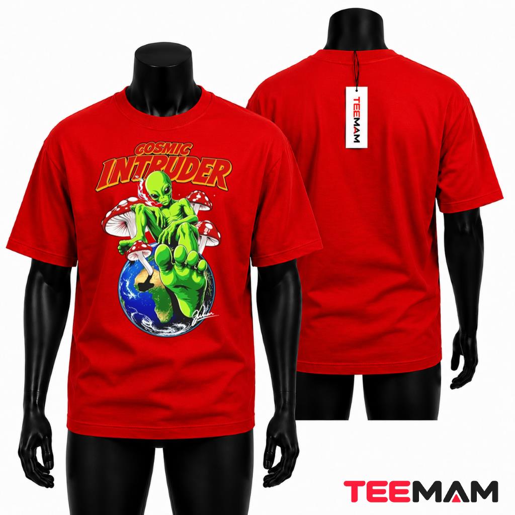 Funny Alien T-Shirt Cosmic Intruder Mushroom Earth Design