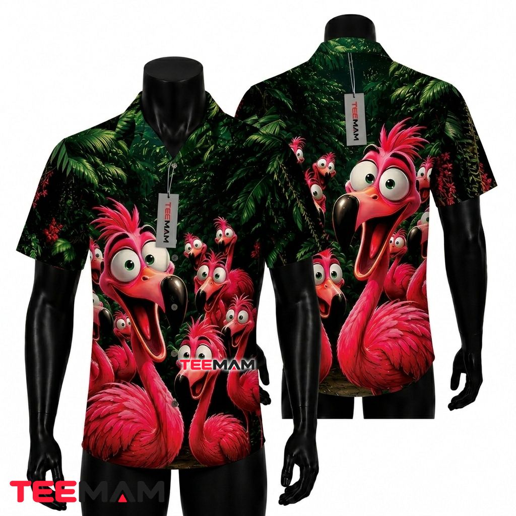 Funny Cartoon Flamingo Hawaiian Shirt Tropical Jungle Dark Green Front
