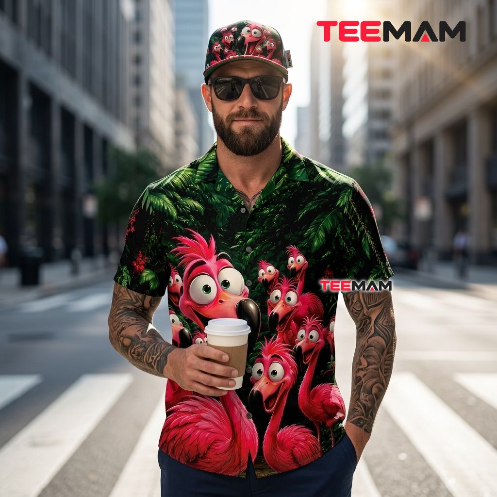 Funny Cartoon Flamingo Hawaiian Shirt Tropical Jungle Dark Green Back Funny Cartoon Flamingo Hawaiian Shirt Tropical Jungle Dark Green Back