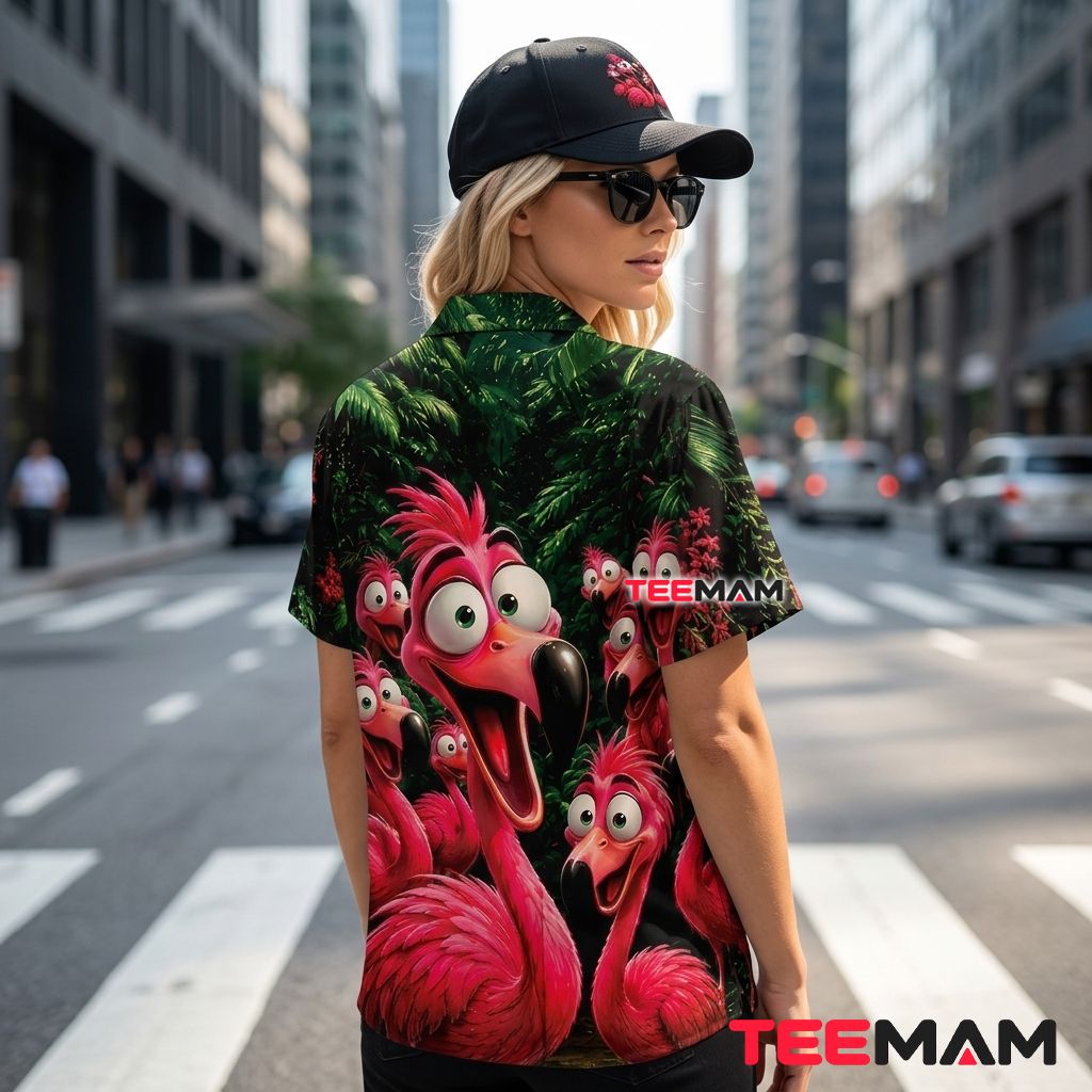Funny Cartoon Flamingo Hawaiian Shirt Tropical Jungle Dark Green Version 3 Funny Cartoon Flamingo Hawaiian Shirt Tropical Jungle Dark Green Version 3