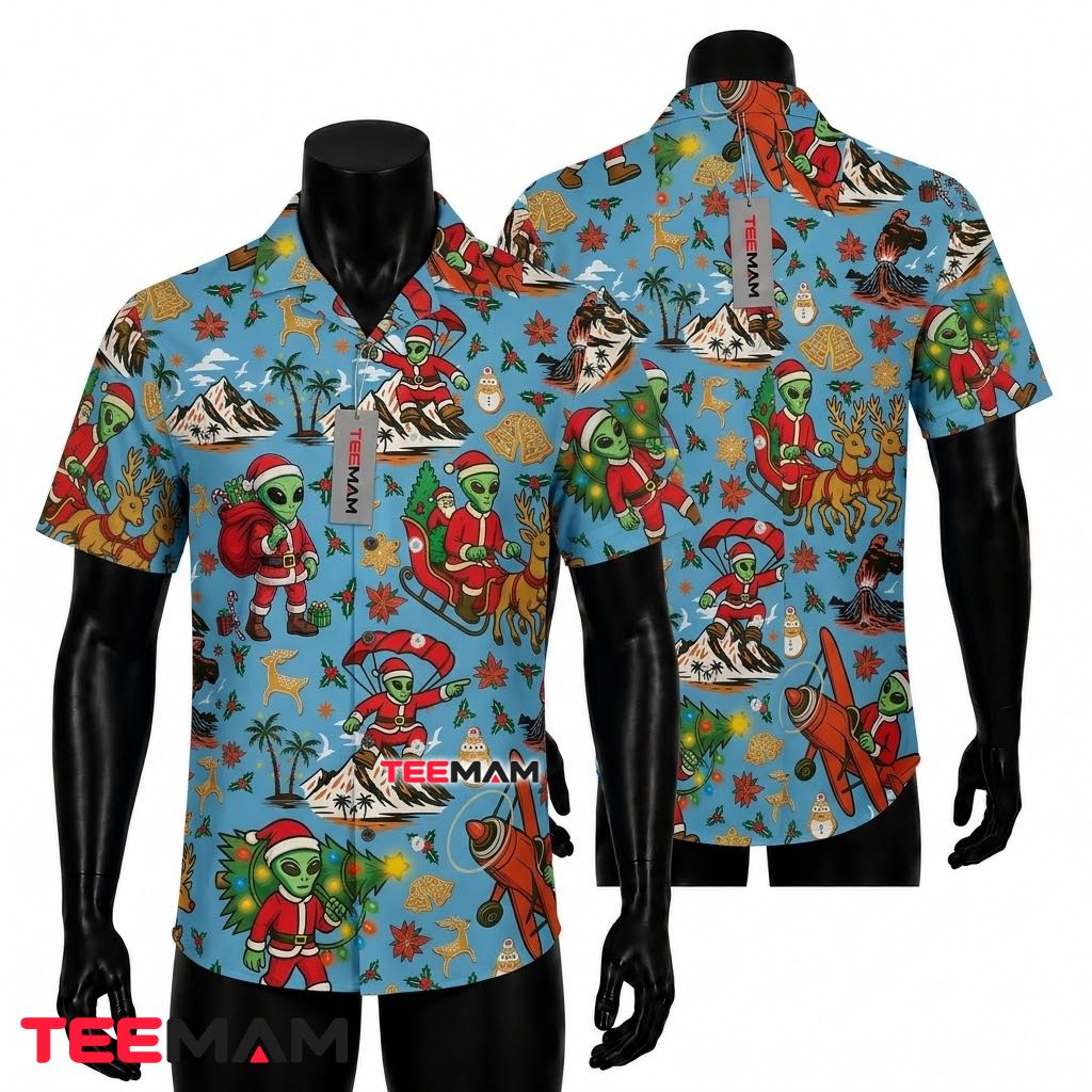 Funny Christmas Hawaiian Shirt Alien Santa Claus Parachute Blue Front