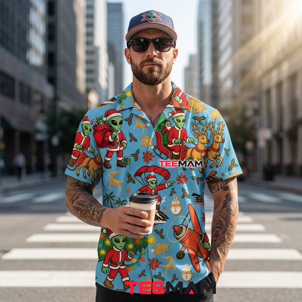 Funny Christmas Hawaiian Shirt Alien Santa Claus Parachute Blue Back Funny Christmas Hawaiian Shirt Alien Santa Claus Parachute Blue Back