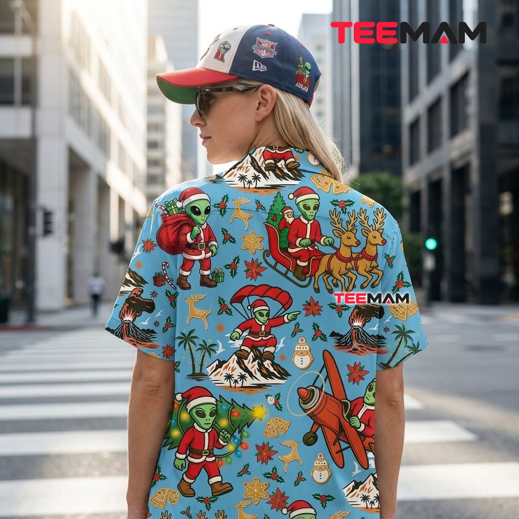Funny Christmas Hawaiian Shirt Alien Santa Claus Parachute Blue Version 3 Funny Christmas Hawaiian Shirt Alien Santa Claus Parachute Blue Version 3