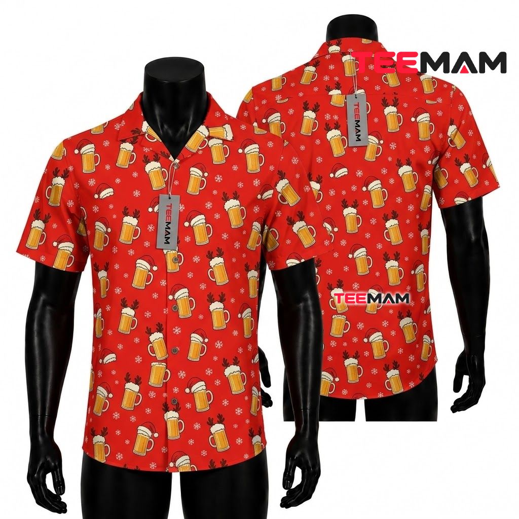Funny Christmas Hawaiian Shirt Beer Mug Santa Hat Red Front