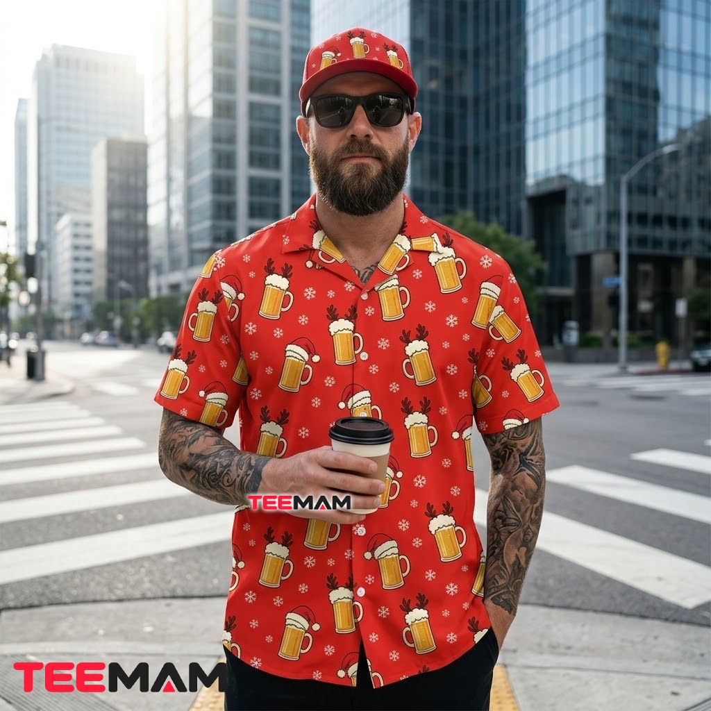 Funny Christmas Hawaiian Shirt Beer Mug Santa Hat Red Back Funny Christmas Hawaiian Shirt Beer Mug Santa Hat Red Back