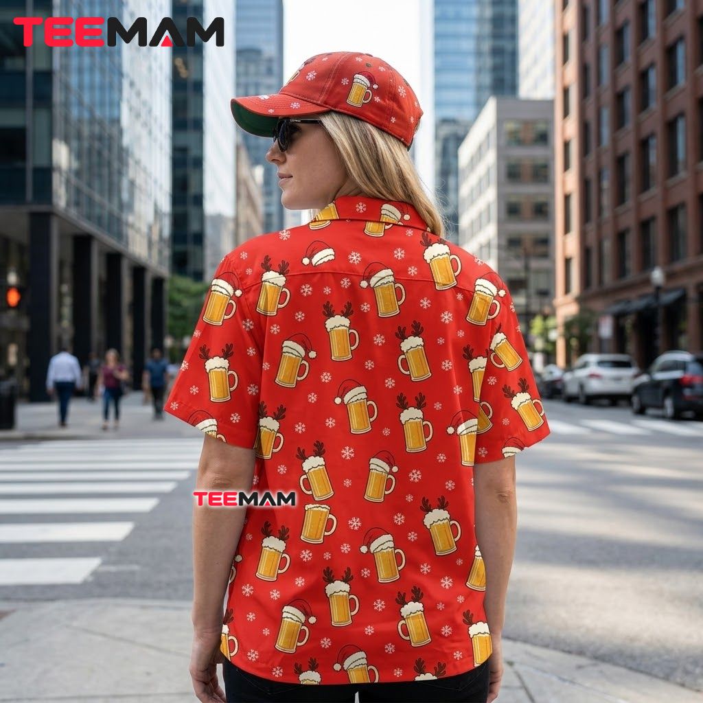 Funny Christmas Hawaiian Shirt Beer Mug Santa Hat Red Version 3 Funny Christmas Hawaiian Shirt Beer Mug Santa Hat Red Version 3