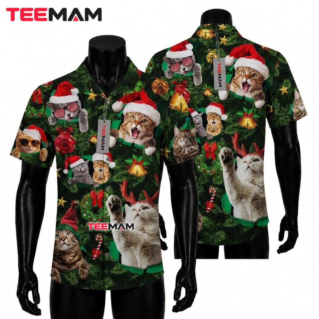 Funny Christmas Hawaiian Shirt Cat Xmas Tree Santa Hat Green Front