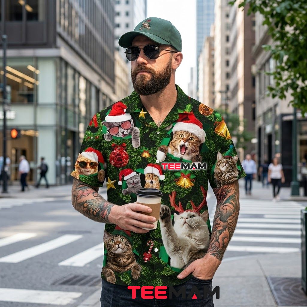 Funny Christmas Hawaiian Shirt Cat Xmas Tree Santa Hat Green Back Funny Christmas Hawaiian Shirt Cat Xmas Tree Santa Hat Green Back