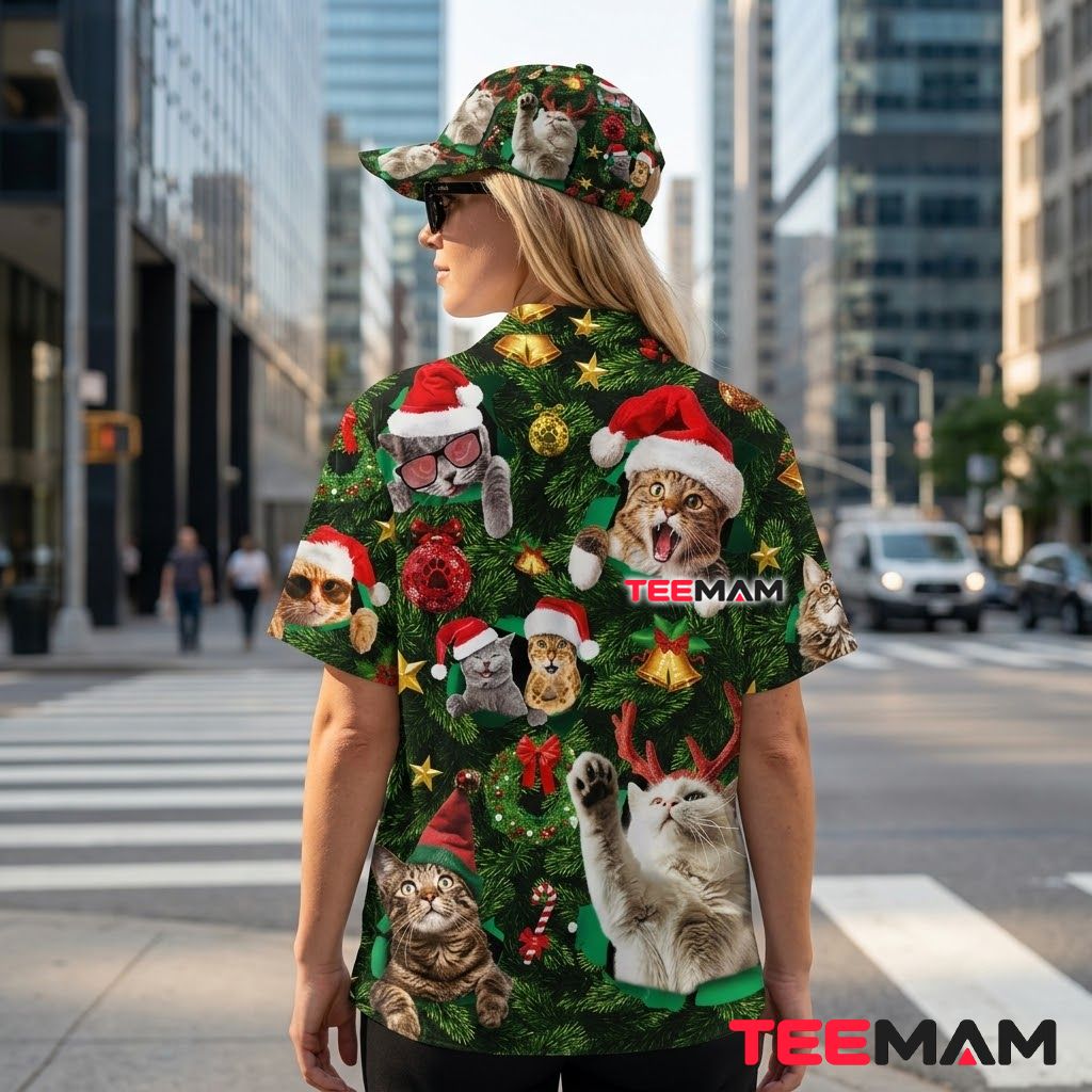 Funny Christmas Hawaiian Shirt Cat Xmas Tree Santa Hat Green Version 3 Funny Christmas Hawaiian Shirt Cat Xmas Tree Santa Hat Green Version 3