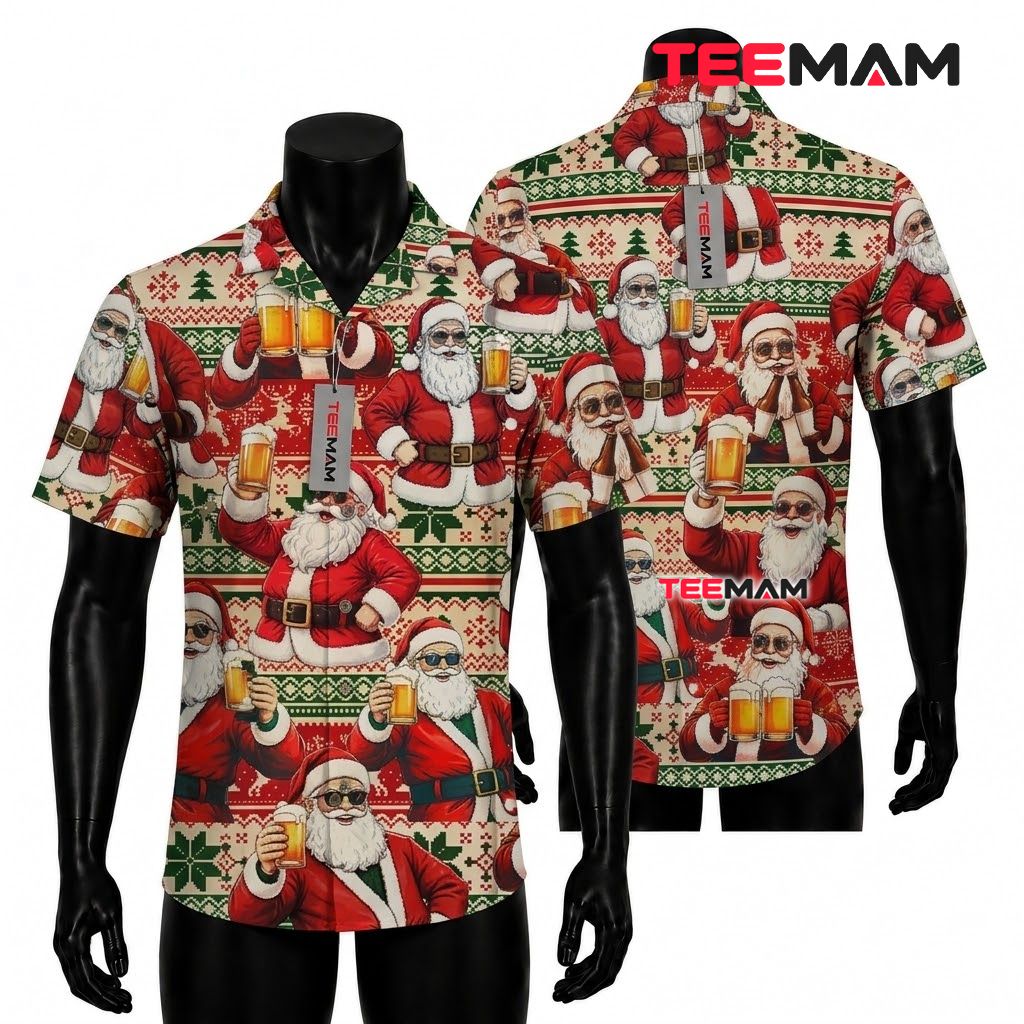 Funny Christmas Hawaiian Shirt Drinking Beer Santa Claus Ugly Sweater Red Front