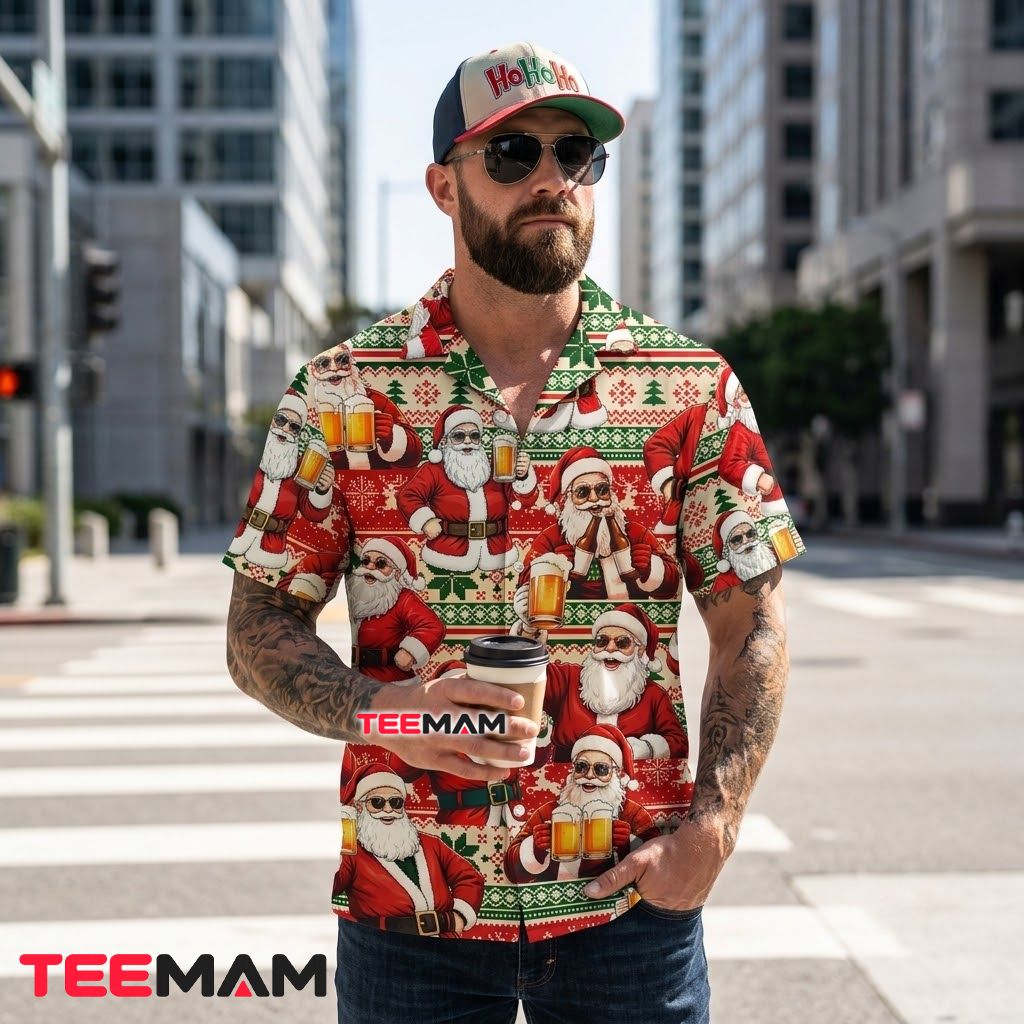 Funny Christmas Hawaiian Shirt Drinking Beer Santa Claus Ugly Sweater Red Back Funny Christmas Hawaiian Shirt Drinking Beer Santa Claus Ugly Sweater Red Back