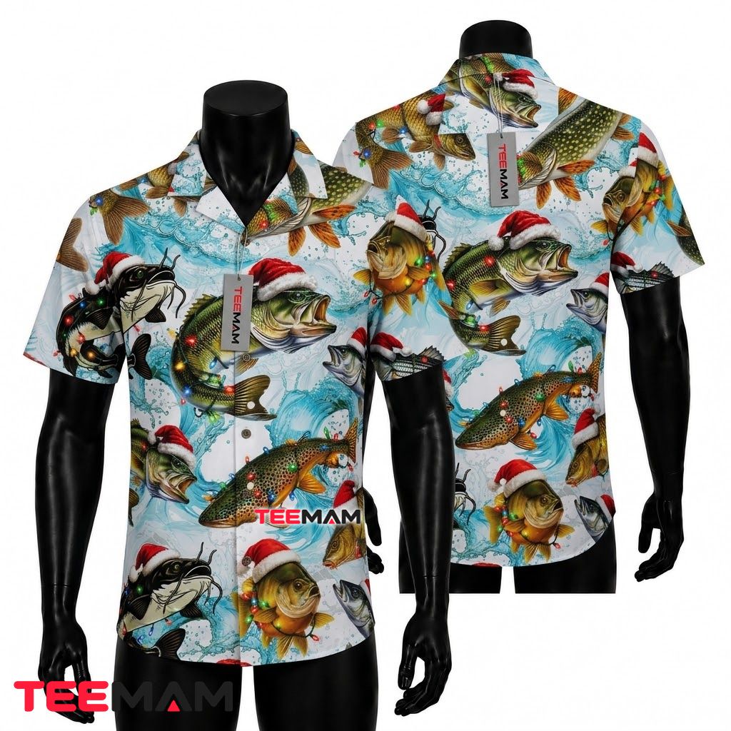 Funny Christmas Hawaiian Shirt Fishing Santa Hat Bass Catfish Water Light Blue Front