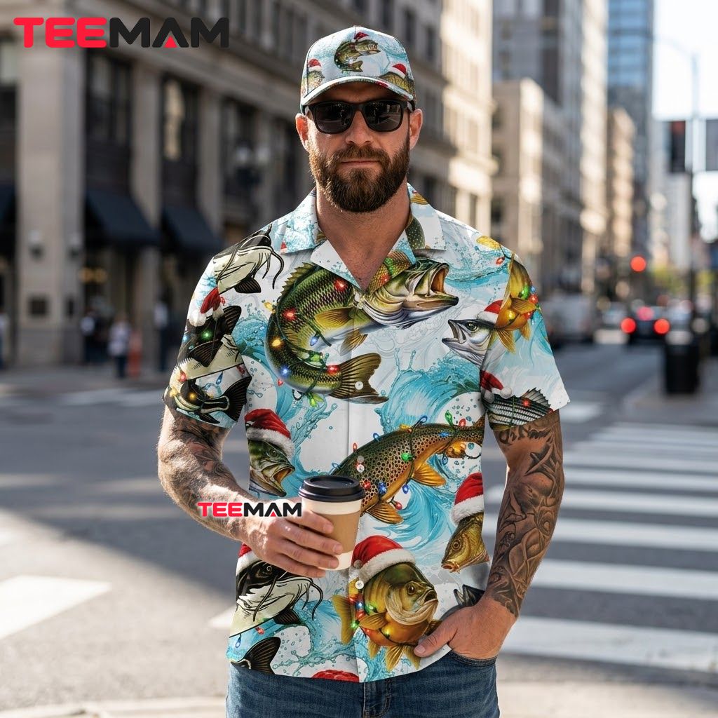 Funny Christmas Hawaiian Shirt Fishing Santa Hat Bass Catfish Water Light Blue Back Funny Christmas Hawaiian Shirt Fishing Santa Hat Bass Catfish Water Light Blue Back
