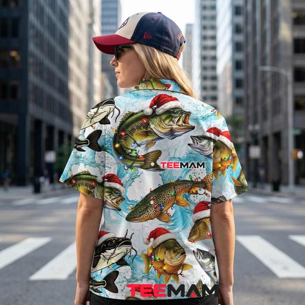 Funny Christmas Hawaiian Shirt Fishing Santa Hat Bass Catfish Water Light Blue Version 3 Funny Christmas Hawaiian Shirt Fishing Santa Hat Bass Catfish Water Light Blue Version 3