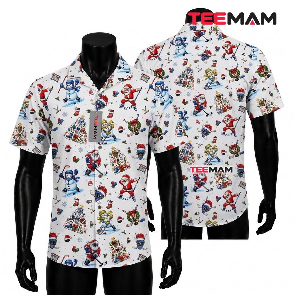 Funny Christmas Hawaiian Shirt Ice Hockey Santa Snowman White Front