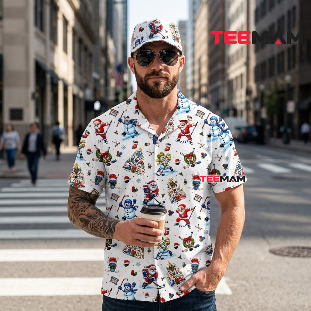 Funny Christmas Hawaiian Shirt Ice Hockey Santa Snowman White Back Funny Christmas Hawaiian Shirt Ice Hockey Santa Snowman White Back