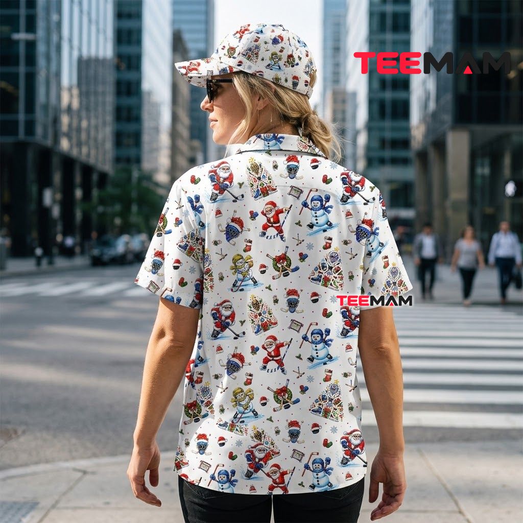 Funny Christmas Hawaiian Shirt Ice Hockey Santa Snowman White Version 3 Funny Christmas Hawaiian Shirt Ice Hockey Santa Snowman White Version 3
