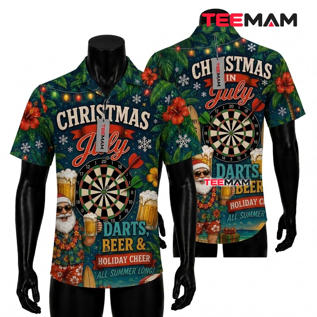 Funny Christmas Hawaiian Shirt In July Darts Beer Beach Santa Tropical Navy Front