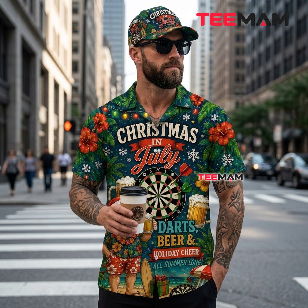 Funny Christmas Hawaiian Shirt In July Darts Beer Beach Santa Tropical Navy Back Funny Christmas Hawaiian Shirt In July Darts Beer Beach Santa Tropical Navy Back