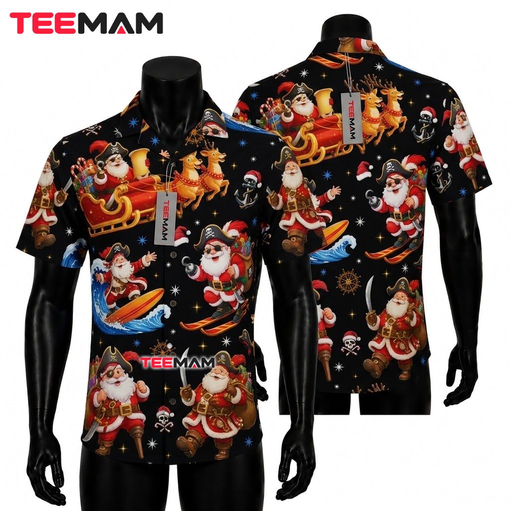 Funny Christmas Hawaiian Shirt Pirate Santa Claus Surfing Black Front