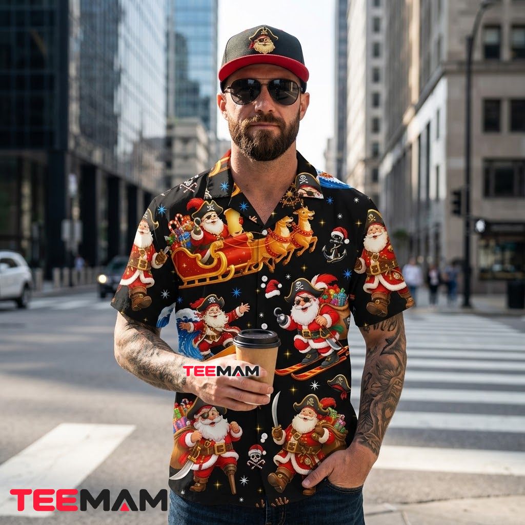 Funny Christmas Hawaiian Shirt Pirate Santa Claus Surfing Black Back Funny Christmas Hawaiian Shirt Pirate Santa Claus Surfing Black Back