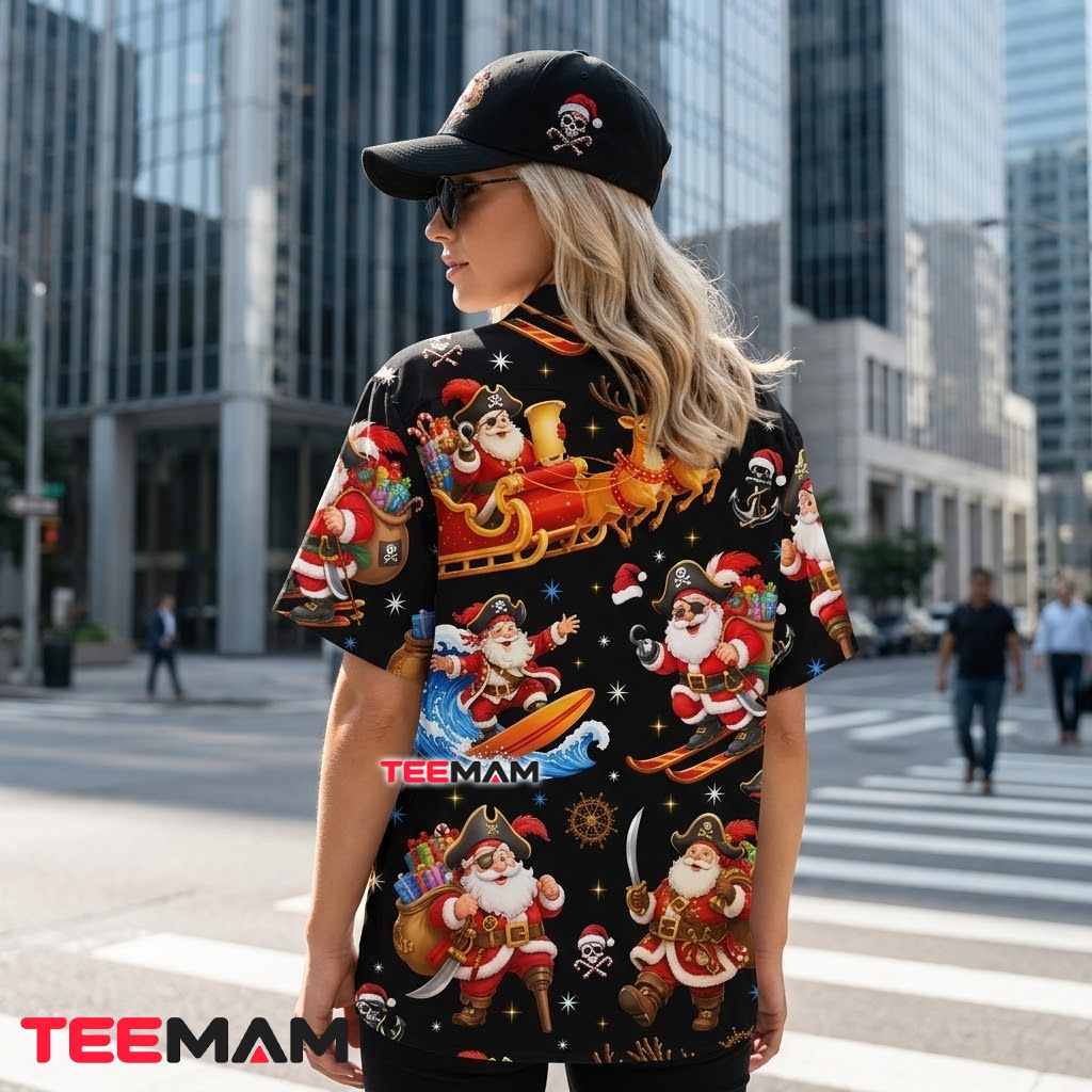 Funny Christmas Hawaiian Shirt Pirate Santa Claus Surfing Black Version 3 Funny Christmas Hawaiian Shirt Pirate Santa Claus Surfing Black Version 3