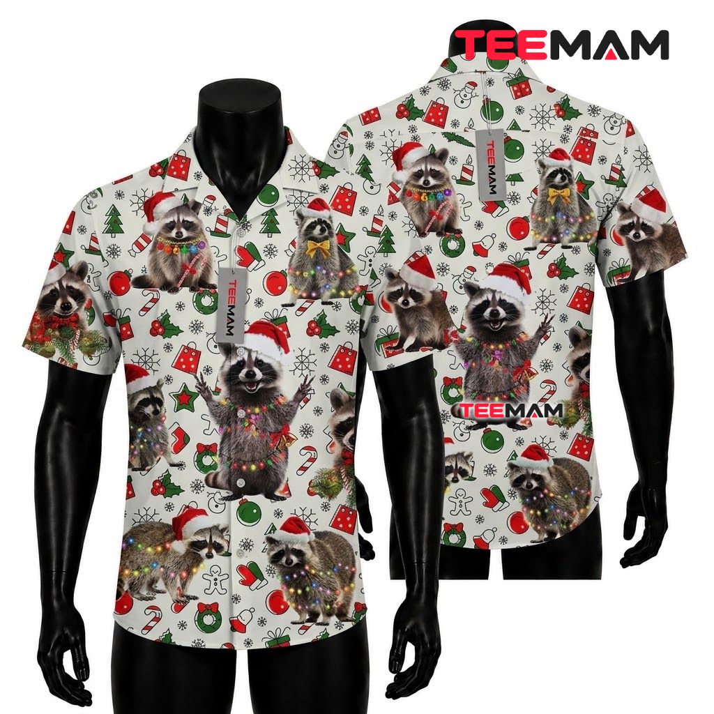 Funny Christmas Hawaiian Shirt Raccoon Santa Hat Lights White Front
