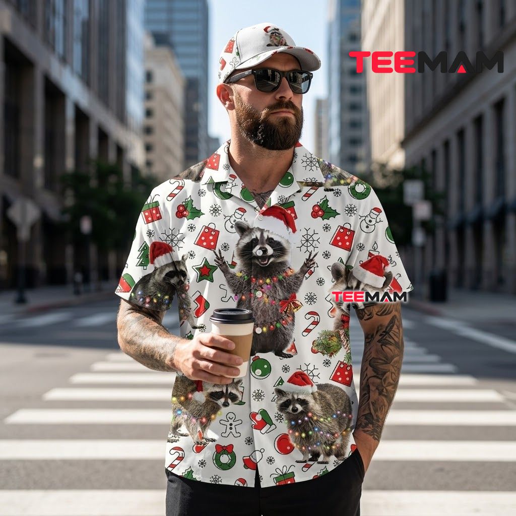 Funny Christmas Hawaiian Shirt Raccoon Santa Hat Lights White Back Funny Christmas Hawaiian Shirt Raccoon Santa Hat Lights White Back
