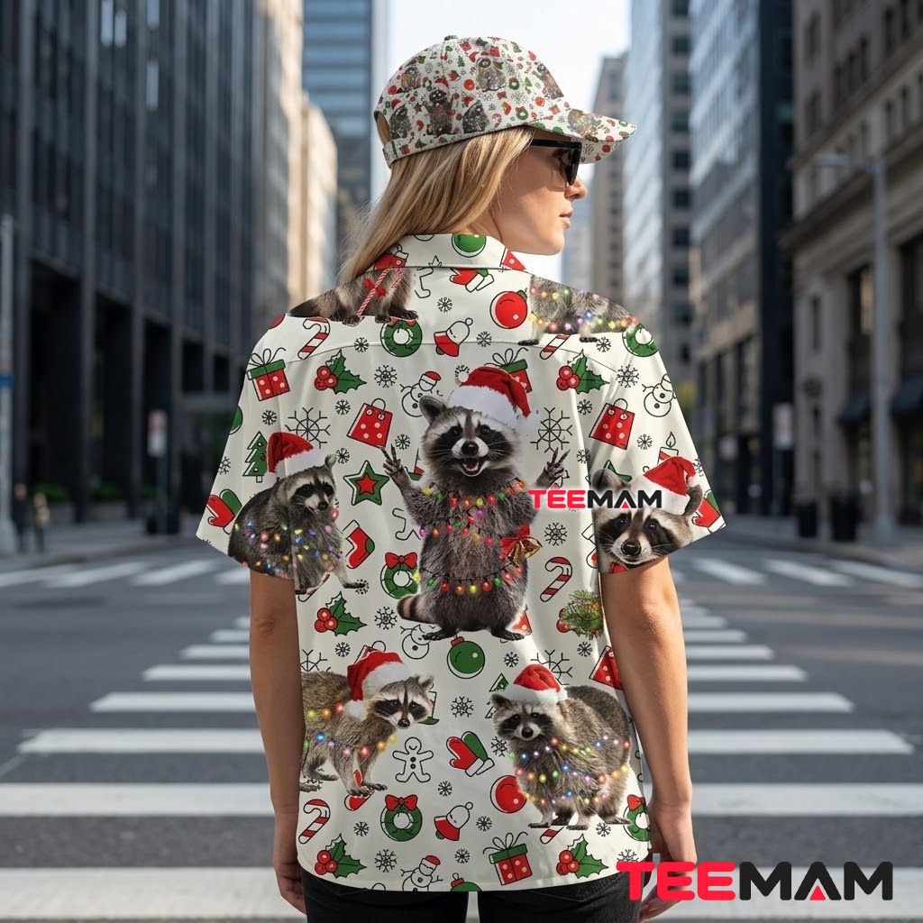 Funny Christmas Hawaiian Shirt Raccoon Santa Hat Lights White Version 3 Funny Christmas Hawaiian Shirt Raccoon Santa Hat Lights White Version 3