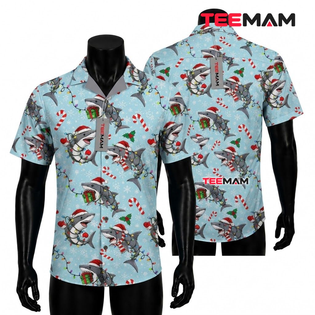 Funny Christmas Hawaiian Shirt Shark Santa Hat Candy Cane Light Blue Front