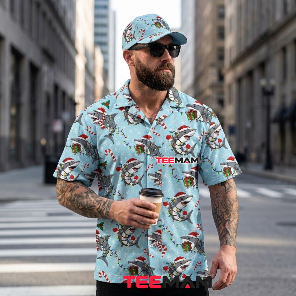 Funny Christmas Hawaiian Shirt Shark Santa Hat Candy Cane Light Blue Back Funny Christmas Hawaiian Shirt Shark Santa Hat Candy Cane Light Blue Back