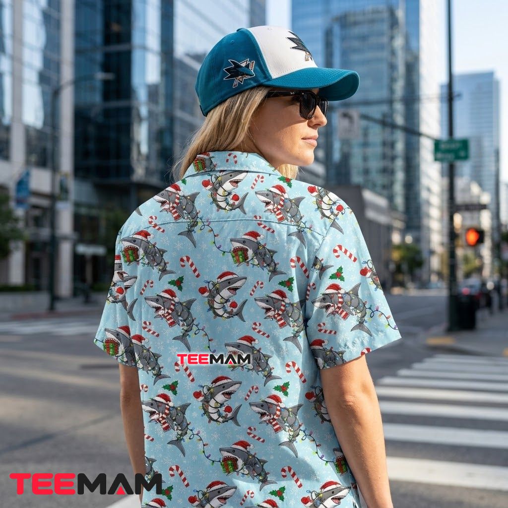 Funny Christmas Hawaiian Shirt Shark Santa Hat Candy Cane Light Blue Version 3 Funny Christmas Hawaiian Shirt Shark Santa Hat Candy Cane Light Blue Version 3