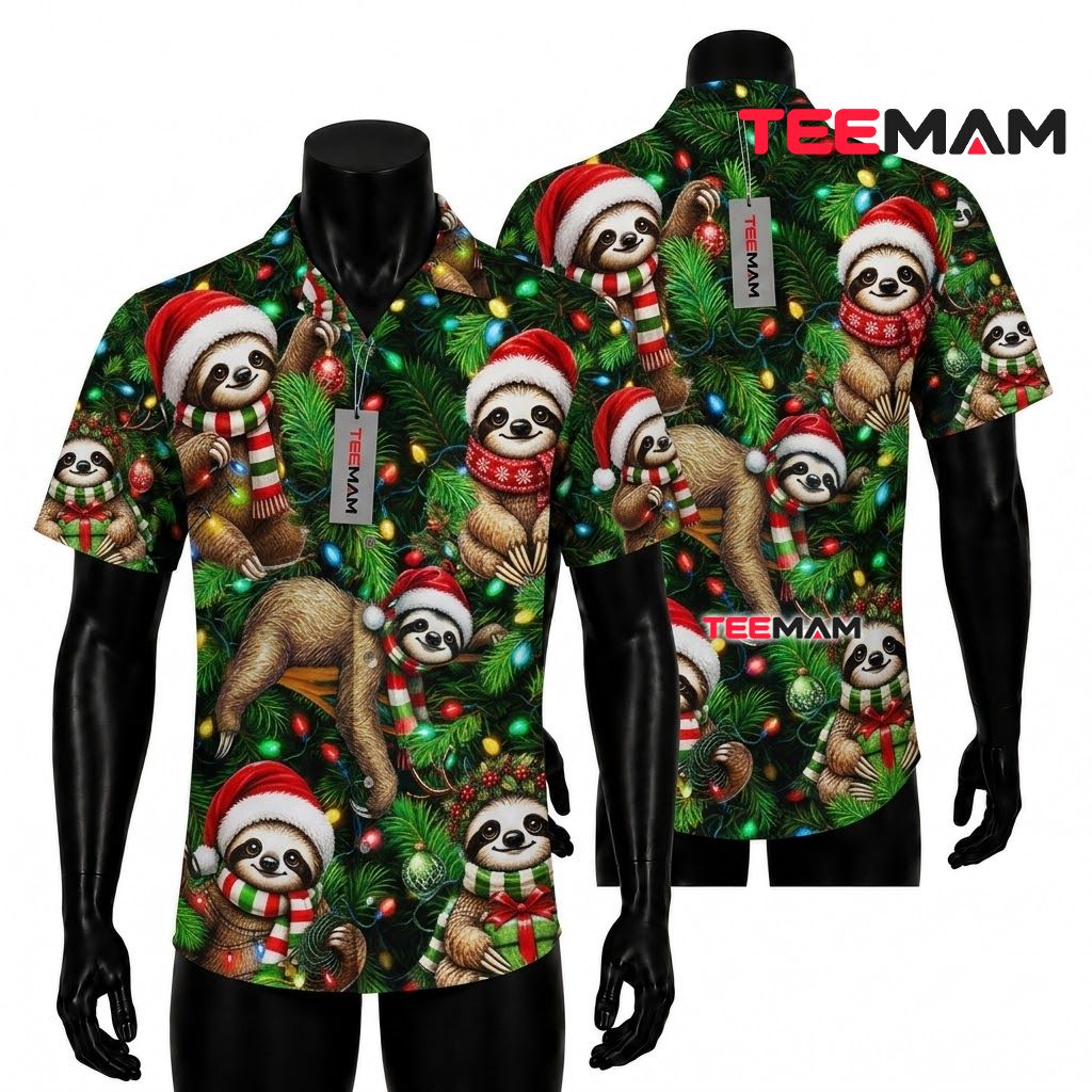 Funny Christmas Hawaiian Shirt Sloth Santa Hat Lights Pine Green Front
