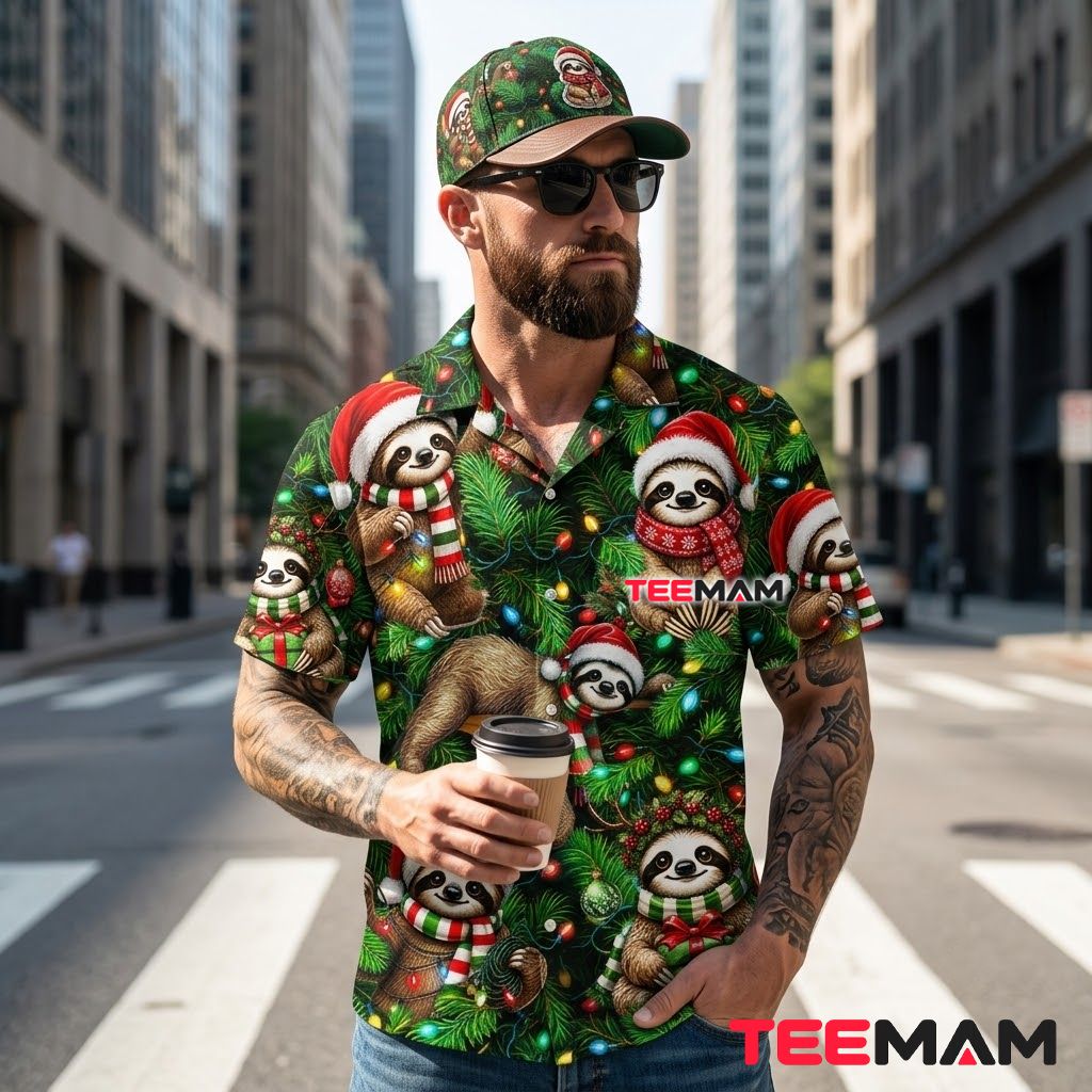 Funny Christmas Hawaiian Shirt Sloth Santa Hat Lights Pine Green Back Funny Christmas Hawaiian Shirt Sloth Santa Hat Lights Pine Green Back