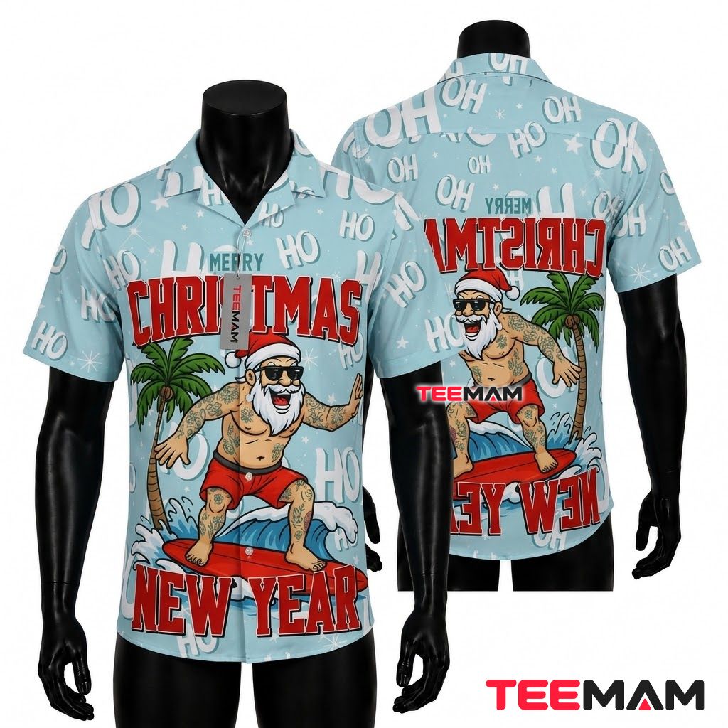 Funny Christmas Hawaiian Shirt Tattooed Surfing Santa Palm Tree Light Blue Front