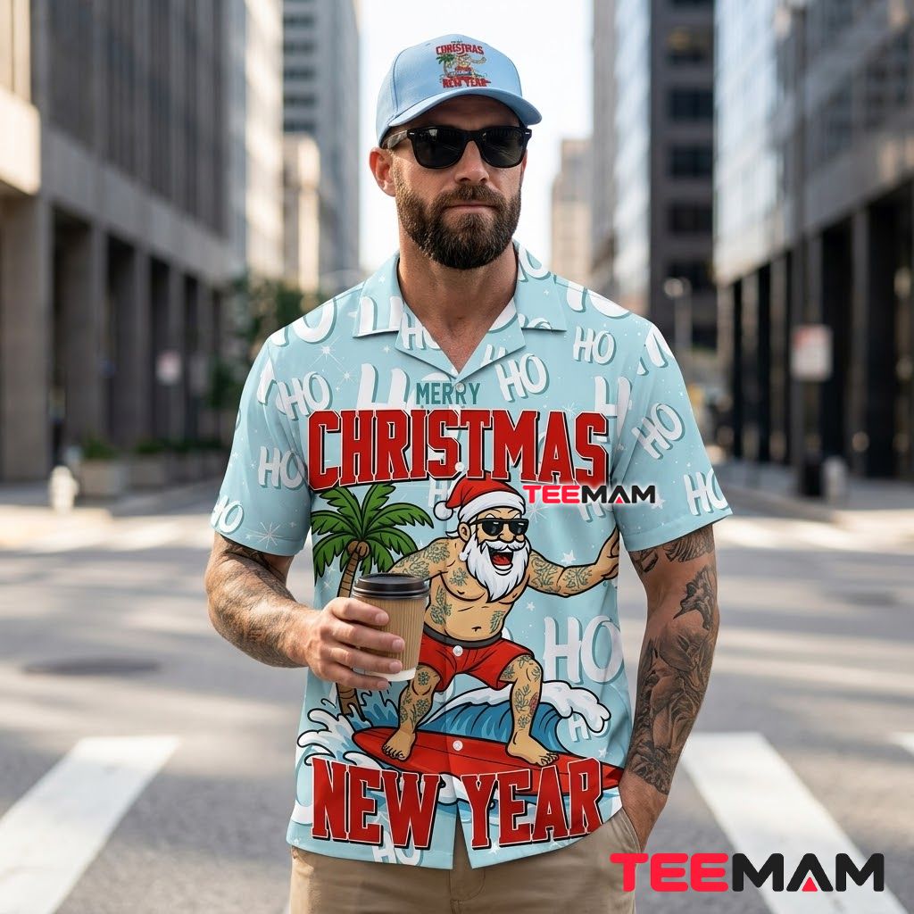 Funny Christmas Hawaiian Shirt Tattooed Surfing Santa Palm Tree Light Blue Back Funny Christmas Hawaiian Shirt Tattooed Surfing Santa Palm Tree Light Blue Back