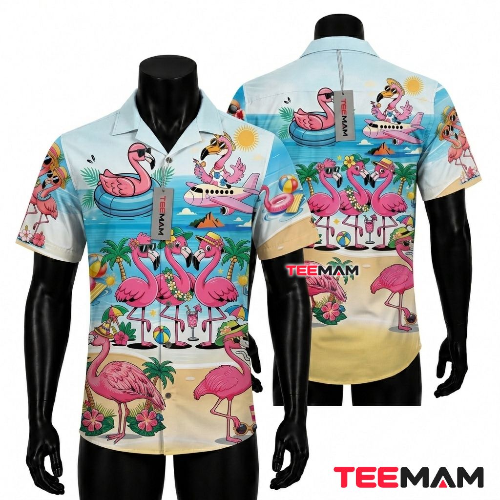 Funny Flamingo Hawaiian Shirt Tropical Beach Party Light Blue Front