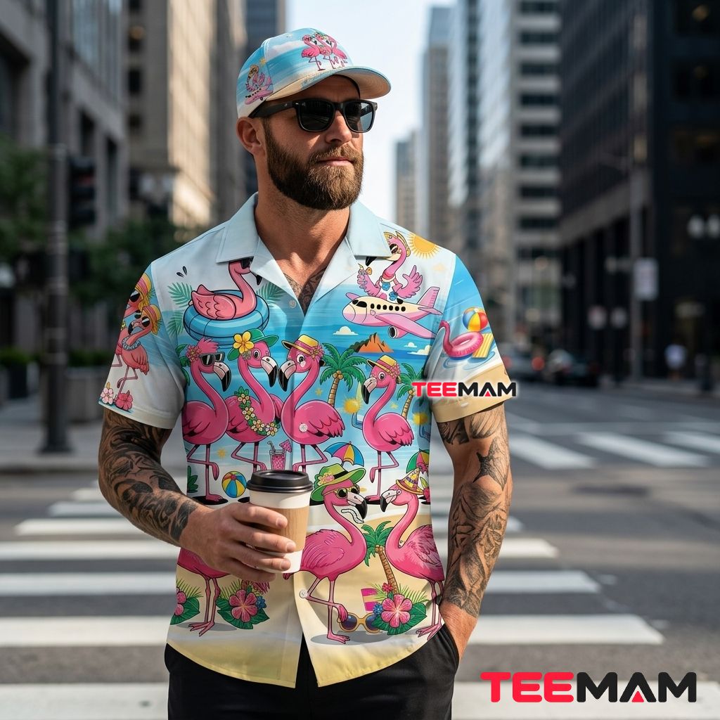 Funny Flamingo Hawaiian Shirt Tropical Beach Party Light Blue Back Funny Flamingo Hawaiian Shirt Tropical Beach Party Light Blue Back