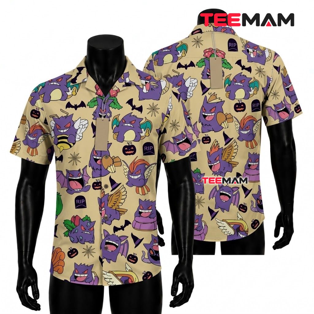 Gengar Pokemon Hawaiian Shirt Halloween Bat Beige Front