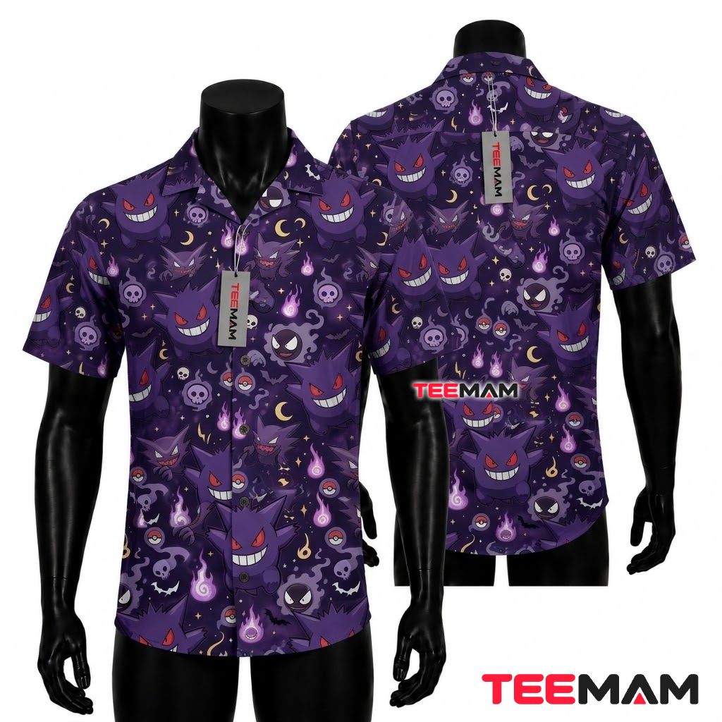 Gengar Pokemon Hawaiian Shirt Purple Ghost Set Front