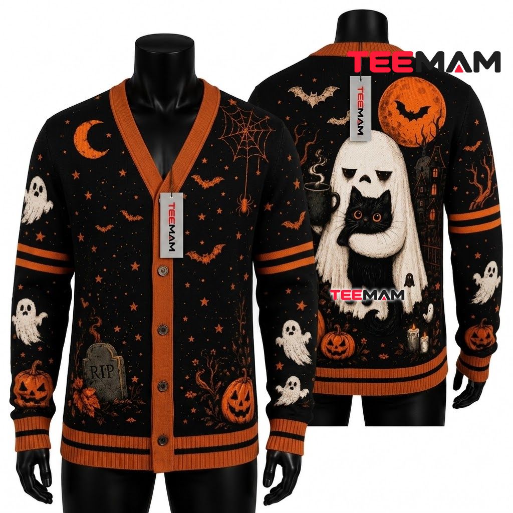 Funky Halloween Cardigan Pumpkin Skull Print Funky Halloween Cardigan Pumpkin Skull Print