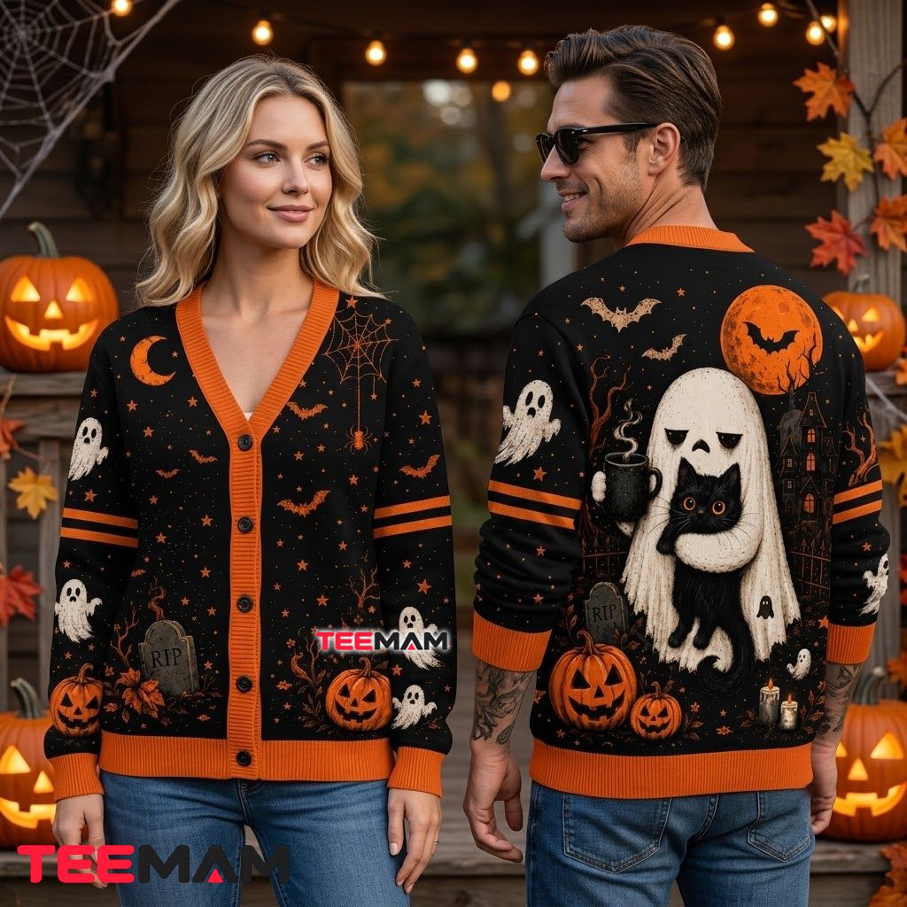 Ghost Halloween Cardigan Black Cat Coffee 2 Ghost Halloween Cardigan Black Cat Coffee 2